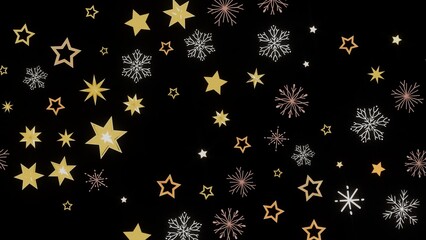 Beautiful winter holiday background with gold stars and snowflakes on black. Perfect for cards, websites, and more!