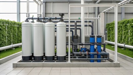 Fototapeta premium A modern water filtration system with pipes and tanks, surrounded by greenery, in a clean and organized industrial setting.