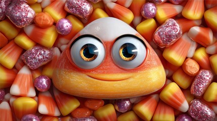 A close-up of a monstrous but cute candy corn creature, with big eyes and a mischievous grin, surrounded by scattered Halloween candy