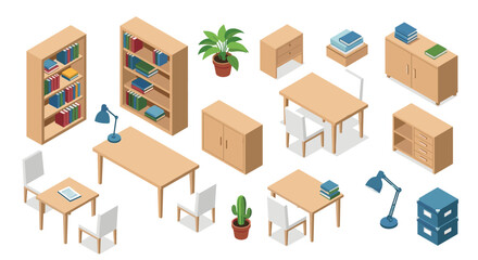 Collection of wooden office furniture and supplies in an isometric view