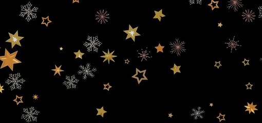 Beautiful festive background with golden stars and snowflakes on a black background. Perfect for Christmas, New Year's, and winter holidays.
