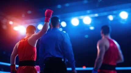 Boxing match victory celebration with referee and fighters in the ring under bright lights