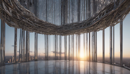 Modern Skyscraper Interior with Geometric Metal Ceiling and City View