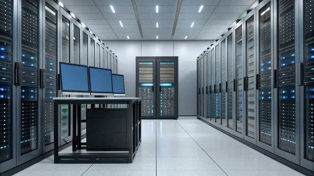 A modern server room with multiple racks, blue lights, and workstation monitors, showcasing advanced technology and data storage solutions.