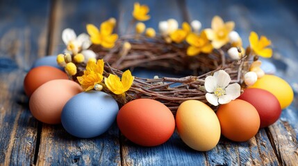 Colorful Easter eggs arranged in a floral nest on a wooden table