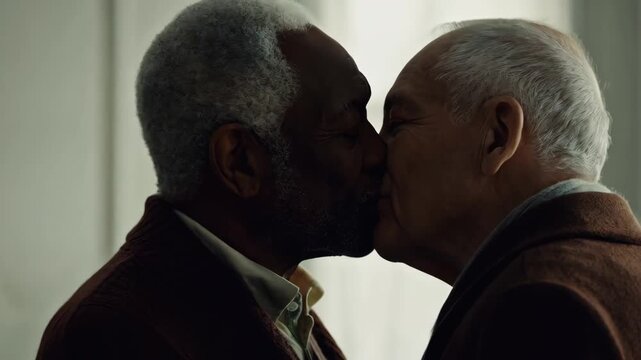 Two elderly men, black and white, share tender kiss. Gays look at each other, smile, then embrace softly. Scene conveys deep affection, mutual respect, enduring bond. Warm, intimate moment. Love