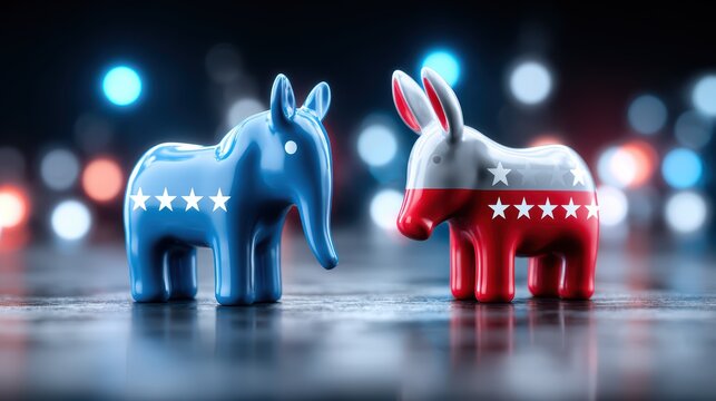 Two Toy Donkeys in Politically Charged Scene ElectionThemed Stock Image, Ideal for Political Campaigns and Satirical Artwork, Evoking a Sense of Humor and Engagement.
