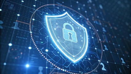 A digital illustration of a shield with a lock, representing cybersecurity and data protection, surrounded by technological elements and glowing connections.
