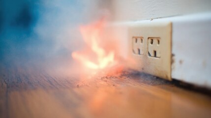Electrical fire hazards in home settings near outlet on wooden floor