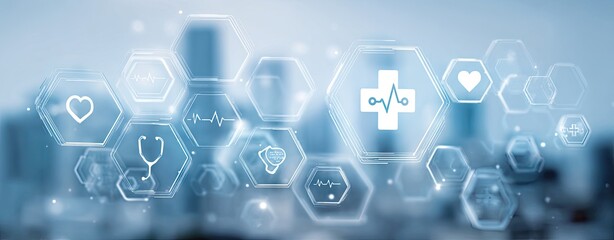 Medical and healthcare icon connection on a modern city background.