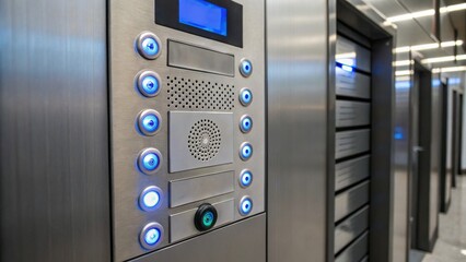 Modern intercom system with illuminated buttons, designed for easy communication and access in a sleek metallic setting.