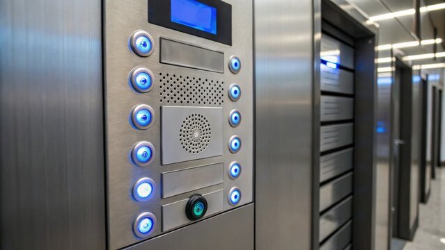 Modern intercom system with illuminated buttons, designed for easy communication and access in a sleek metallic setting.