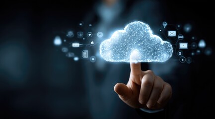 Businessman touching a glowing digital cloud network for data storage and computing.