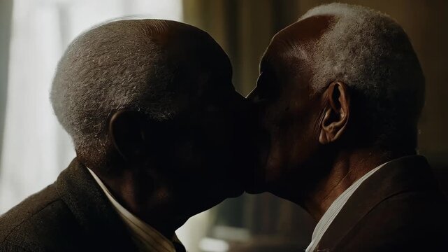 2 elderly black men dressed in formal jackets, gays kissing indoors. Dramatic, moody lighting creates intimate atmosphere, highlighting their deep emotional connection. Lifetime of homosexual love