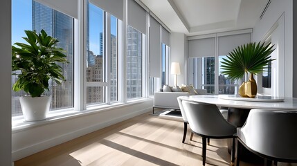 Fototapeta premium Spacious and bright modern office space with large showcasing a stunning city skyscape, complemented by natural elements like potted plants for a calming, professional ambiance.
