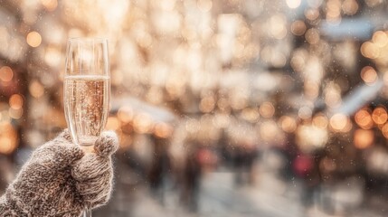 Sparkling toast held in gloved hand at a festive winter market
