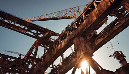 Rusting Industrial Cranes Against a Clear Sky at Sunset