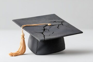 Cracked Black Graduation Cap With Gold Tassel Symbolizing Academic Burnout, Pressure, and Mental Health Challenges in Education Systems