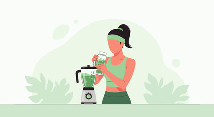 Woman Preparing A Green Smoothie In A Blender For A Healthy And Balanced Daily Routine