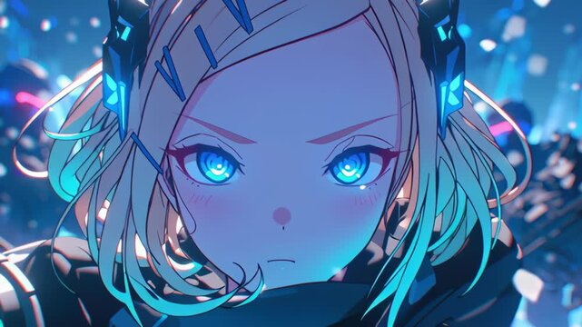Futuristic anime girl with determined expression stands confidently among soldiers, showcasing striking blue eyes and short blonde hair in high tech, snowy atmosphere filled with action