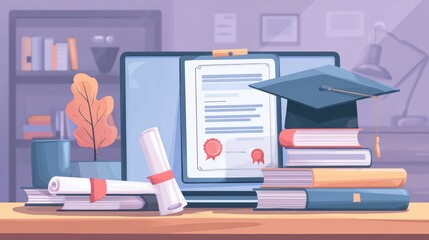 Modern Study Setup Laptop with Diploma, Books, and ELearning Program FCCCA Aae Daecea Inspiring Success in Education.