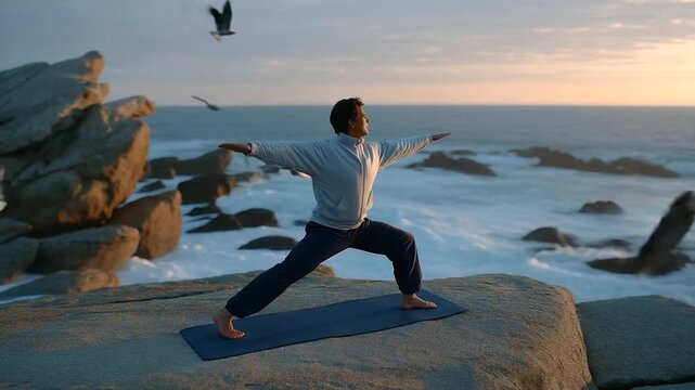 A retiree practices yoga on a cliffside overlooking crashing ocean waves with a yoga mat seabirds soaring and salty mist in the air rendered in a peaceful photo with fluid pose