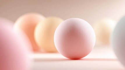 Abstract 3D render of soft pastel - colored spheres in pink, orange, yellow hues with smooth texture against gentle light background, perfect for wallpaper, poster, banner and minimalist design projec