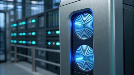 A close-up image of a modern data center server, featuring illuminated blue indicators and a sleek, metallic design.