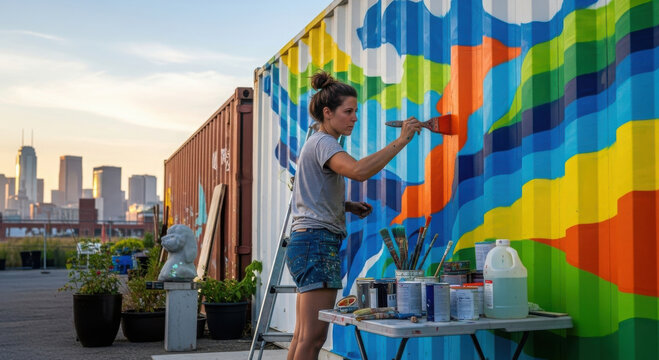 Female artist painting a colorful abstract mural on a shipping container.