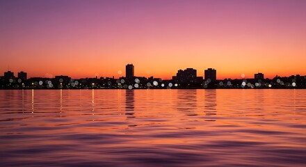 Fototapeta premium Vibrant sunset over city skyline reflected in calm water a serene evening ambiance