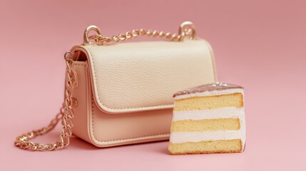 Delightful Composition of a Vintage Purse and a Delectable Slice of Cake against a Soft Pink Backdrop Perfect for Fashion, Food, and Lifestyle Projects, Inspiring Creativity and Happiness.