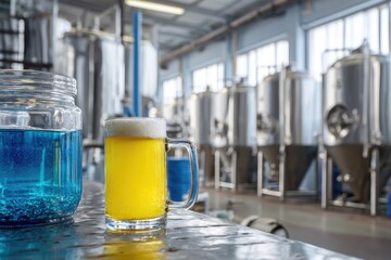 Brewhouse interior, beer glass and fermenter