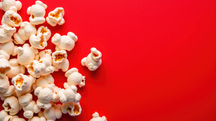 Crispy popcorn scattered on vibrant red background creates playful and inviting atmosphere, perfect for movie nights or snacks