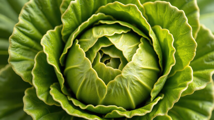 Obraz premium Lush green cabbage with intricate layers, showcasing its natural beauty and freshness. Perfect for culinary use or as decorative element