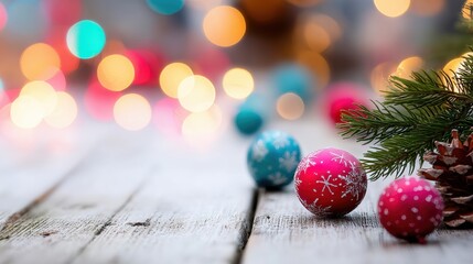 Festive Christmas ornaments and pine on rustic wooden table with lights