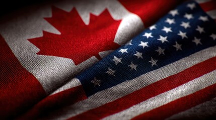 Closeup of Canadian and American Flags on Cloth Symbolizing Unity and Partnership, Ideal for Branding and Marketing.