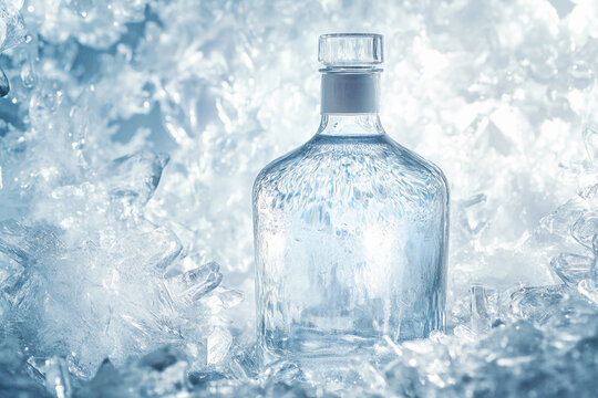 Clear glass bottle surrounded by ice in a cool setting Generative AI