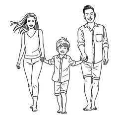 Happy family ,Mother, father and child holding hands walking have fun ,Happy family kid dream concept,Hand line drawing vector illustration 