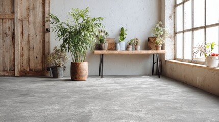 Detailed Concrete Mockup of a Vibrant Arrangement of Potted Plants on a Table, Ideal for Calm and Relaxing Projects.