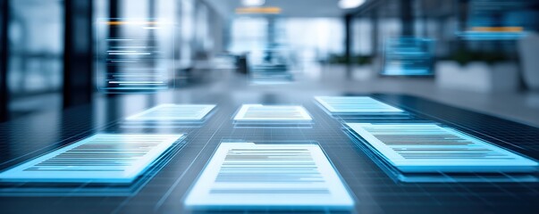 A futuristic digital workspace showcasing floating documents and data visualizations in a sleek, modern office environment.