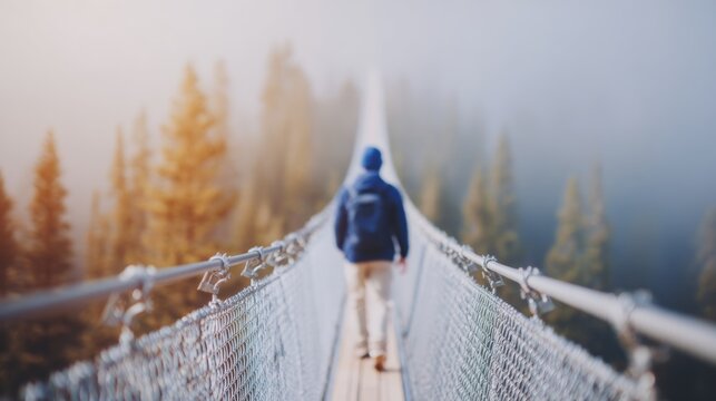 Suspended bridge walk amidst misty forest at dawn creates surreal atmosphere - Powered by Adobe