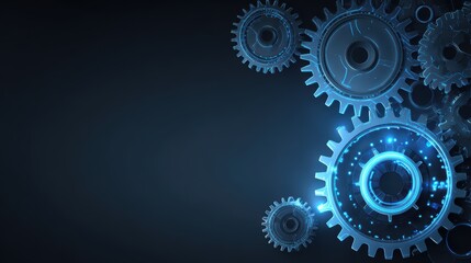 Vibrant Gear Technology Concept Backdrop Futuristic Cogs and Blue Glow, Ideal for HighTech Marketing or Innovative Design Projects.