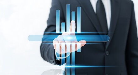 Business professional in suit interacts with glowing 3d financial graph display showing upward trend and data analytics for market growth