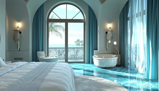 Oceanic luxury bedroom with teal marble floors, soft white bed linens, recessed lighting, and a high-arched ceiling
