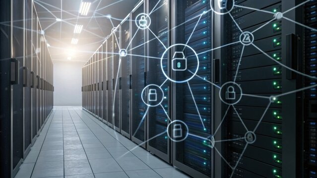 A high-tech server room featuring rows of servers connected by digital icons representing security and data management.