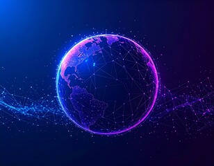 A glowing, polygonal Earth model with connecting lines and waves