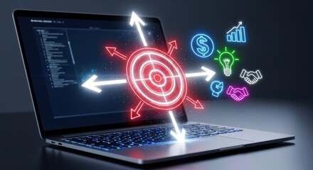 A laptop displaying a target with arrows and business icons floating above the keyboard on a dark background