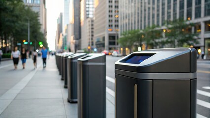 A modern city street features sleek trash bins alongside pedestrians walking in an urban environment, showcasing urban design and cleanliness.