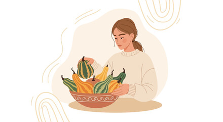 Woman Holds Bowl Of Gourmet Gourds, A Harvest Scene With Fall Colors and Soft Light