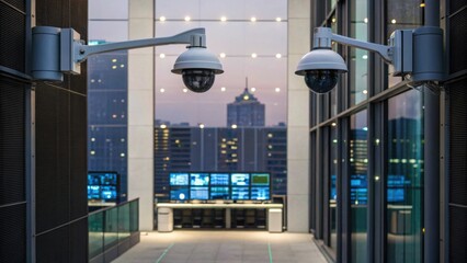 A modern surveillance setup featuring two cameras overlooking a high-tech control room with a city skyline in the background during twilight.